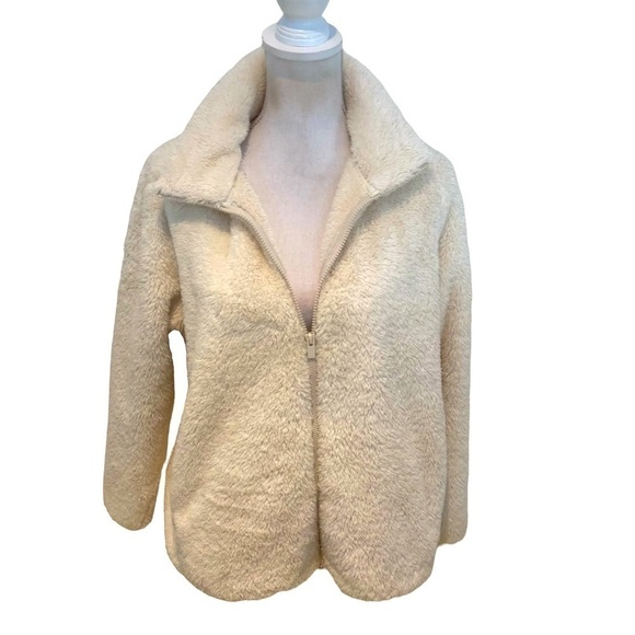 Uniqlo zip up fuzzy jacket cream recycled polyester front pockets size xl - Picture 1 of 10